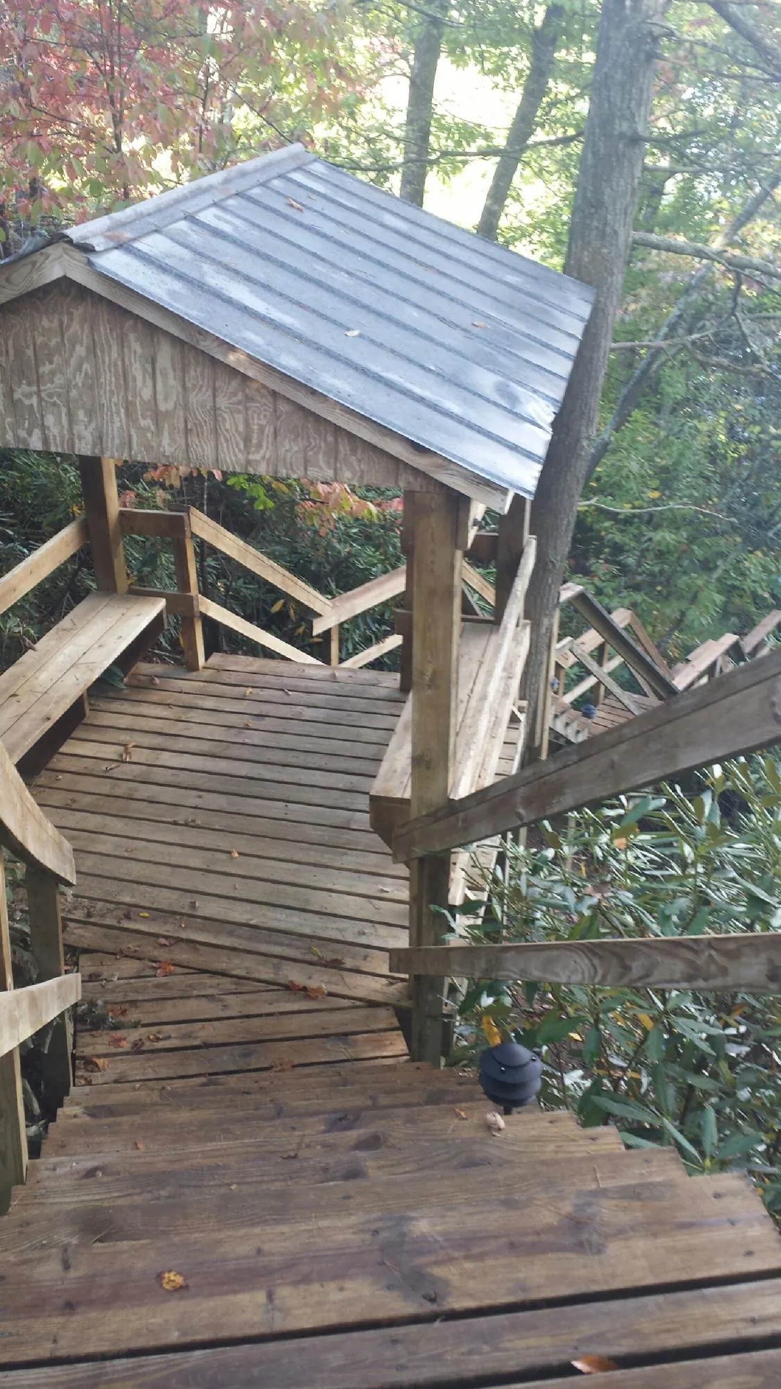 Metal roofed shelter over wooden steps on a wooded walkway — Skylight Repair & Installation work by our crew in Lake Grove